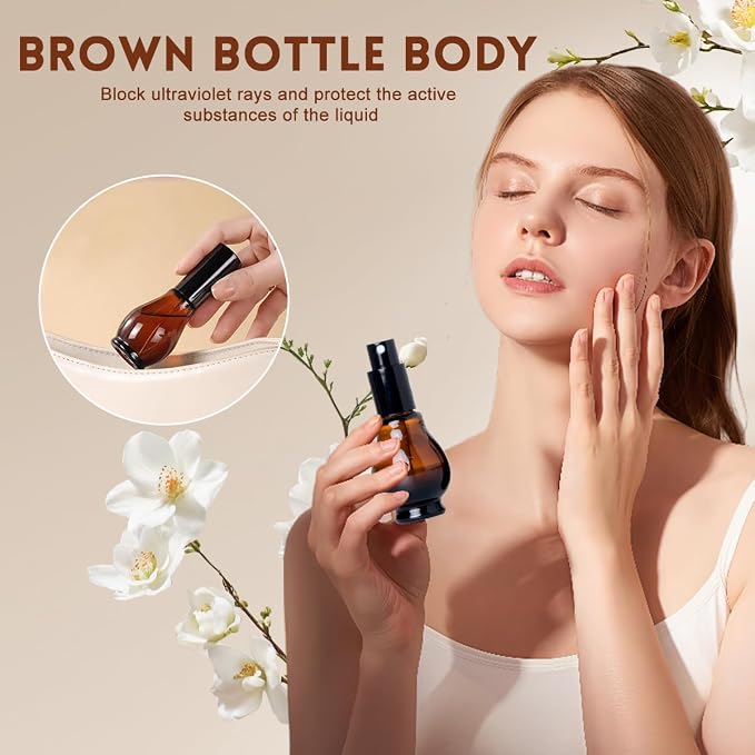 2 Pcs 100ml(3.4oz) Gourd Shaped Amber Glass Pump Bottles, Empty Refillable Dispenser with Black Pump Head, Essential Oil Emulsion Sample Vials,Travel Size Cosmetic Containers for Lotion Shampoo