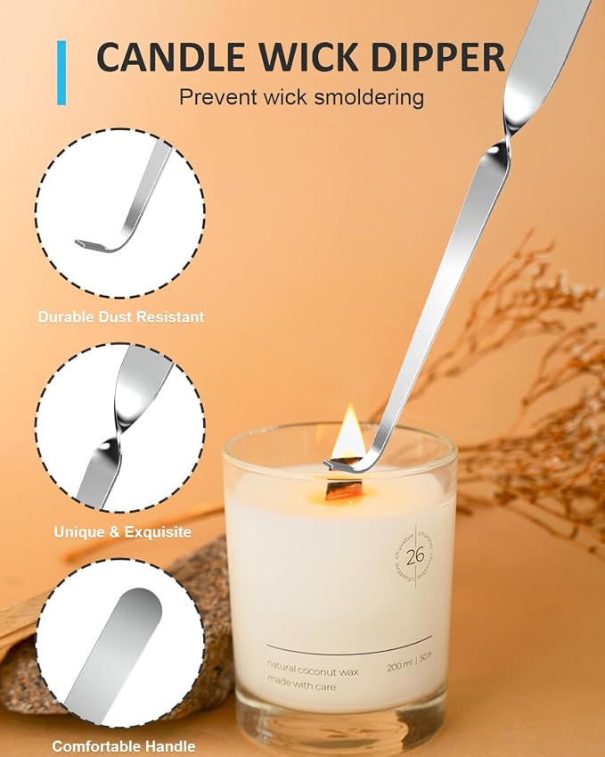 5 in 1 Candle Care Kit, Elegant Candle Wick Trimmer Set, Candle Lighter Set, Candle Snuffer, Candle Tray, Candle Wick Dipper, Candle Accessories Set for Candle Lover (Silver)