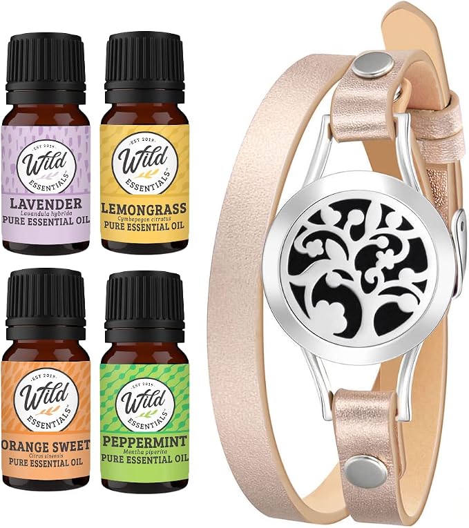 Wild Essentials Arbol Tree Essential Oil Leather Wrap Bracelet Diffuser Kit, Gift Set, Lavender, Lemongrass, Peppermint, Orange Oils, 12 Pads, Customizable Color Changing Perfume Jewelry, Aromatherapy