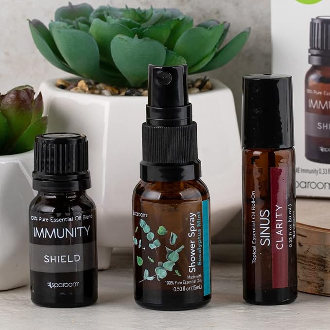 SpaRoom Immunity Travel Kit, Immunity Essential Oil Blend, Eucalyptus Mint Shower Spray, Sinus Topical Roll-on