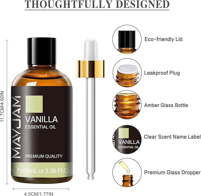 Vanilla Essential Oil 100ml, MAYJAM Premium Essential Oils for Aromatherapy, Diffuser, Soap Making, Candle Making, Large Bottle Vanilla Oil with Gift Box(3.38fl.oz)