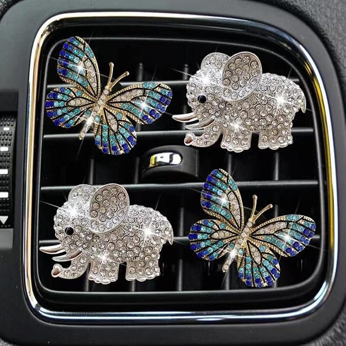 Bling Butterfly Air Vent Clips, 4 Pcs Crystal Elephant Air Fresheners, Diffuser Rhinestone Decoration Cute Interior Decor Accessories for Women