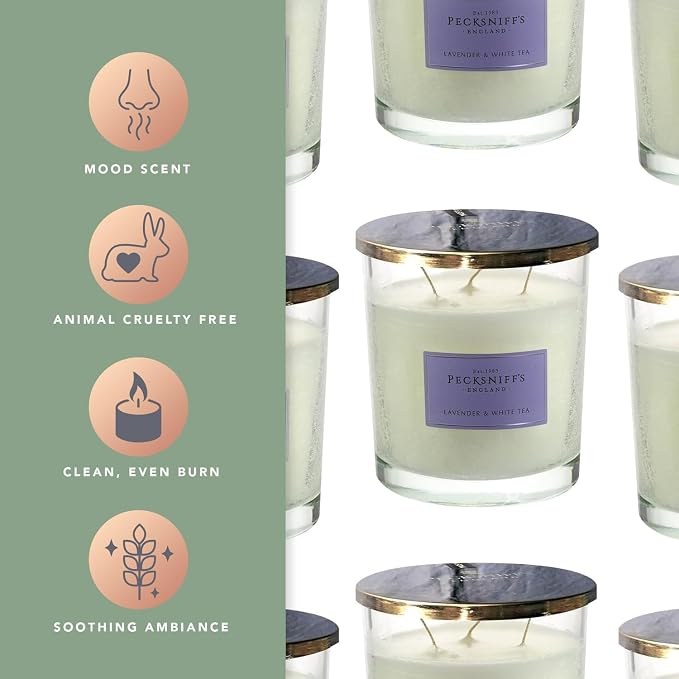 Pecksniffs Lavender & White Tea Scented Candle | Elegant Glass Vessel with Metal Lid Candles for Home Scented | 3 Wick Candles, 550g/19.4oz