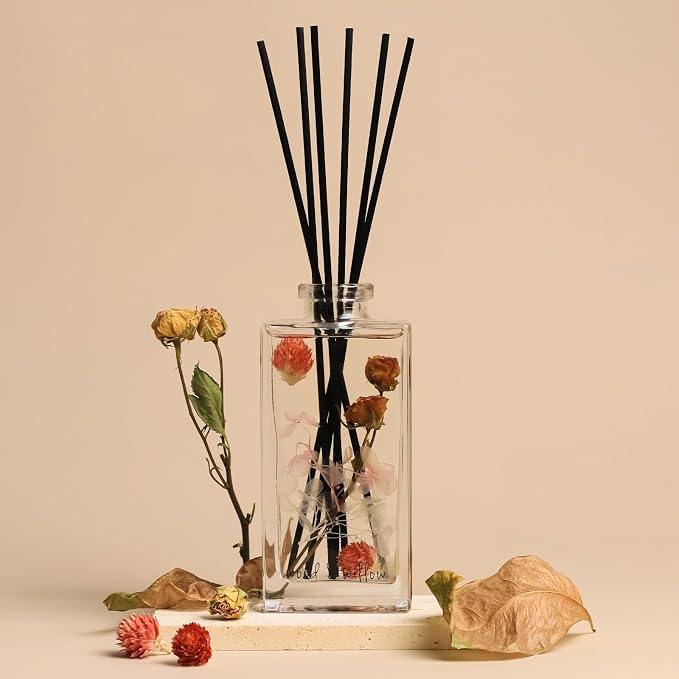 Wood & Willow Reed Diffuser Set with Dried Flowers, 5 fl. oz., Long-Lasting Home Fragrance - Wild Rose & Oud, Red Berry & Oak, Bergamot & Amber, Decorative Floral Design (Wild Rose & Oud)