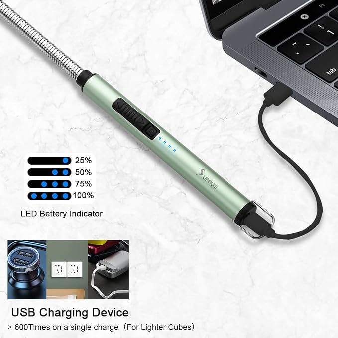 SUPRUS Electric Candle Lighter USB Type C Rechargeable Lighter Steel Shell & Hanging Hook with 360° Flexible Neck(Green)