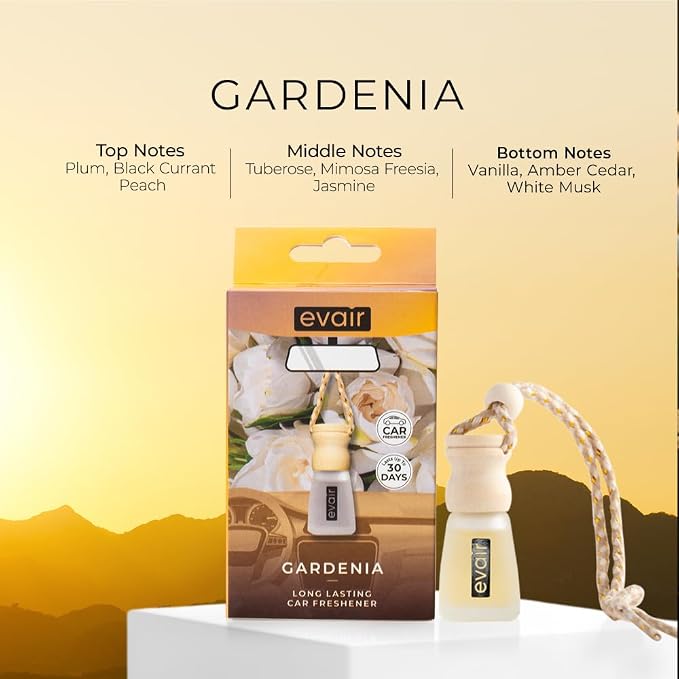 Evair Car Air Freshener | Hanging Air Freshener Car Diffuser | Long Lasting Scents made with Essential Oil | Alcohol Free (Gardenia)
