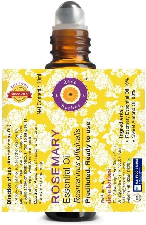 Deve Herbes Rosemary Essential Oil (Rosmarinus officinalis) Pre Diluted Ready to Use Roll-on Blend for Aroma and Topical Skin Application for Kids and Adults 10ml (0.33 oz)