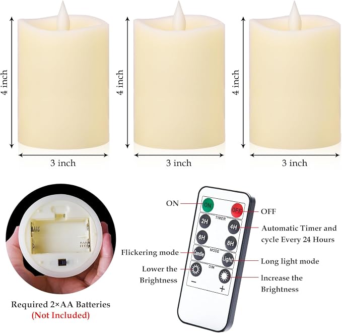3x4 inch Flameless Candles: Realistic Flameless LED, Battery-Powered Pillar Candles with Remote & Timer, Fake Candles for Fall Decor, (Ivory, 3"*4"-3pcs)