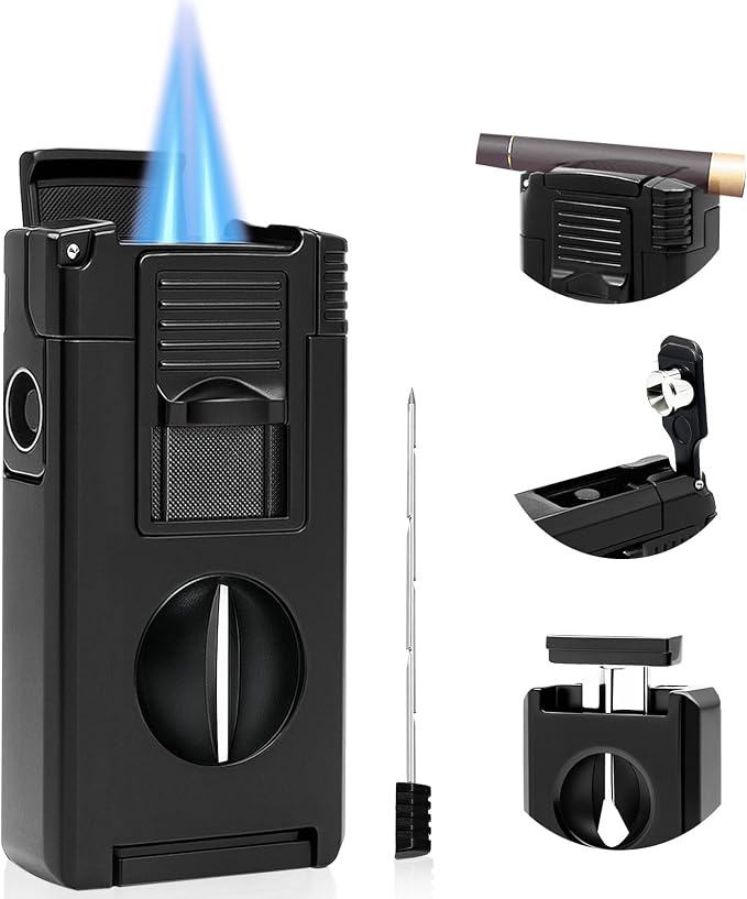 5-in-1 Dual Jet Flame Butane Torch Lighter Built-in V Cutter, Punch, Holder, Draw Enhancer Tool, Windproof Refillable Butane Lighter Gift for Men, Cool Lighters for Candle, Outdoor (No Gas)