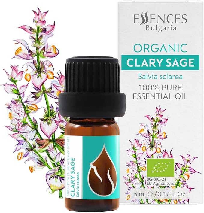 Essences Bulgaria Organic Clary Sage Essential Oil 1/6 Fl Oz | 5ml | Salvia sclarea | 100% Pure and Natural | Undiluted | Therapeutic Grade | Family Owned Farm | Steam-Distilled | Non-GMO | Vegan