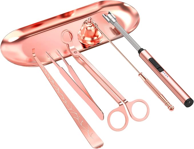 6 in 1 Candle Accessory Set,Candle Wick Trimmer Cutter,Candle Wick Dipper,Candle Wick Snuffer, Rechargeable Candle Lighter,Storage Tray Plate,Tweezers,Stainless Steel Candle Care Kit Gift
