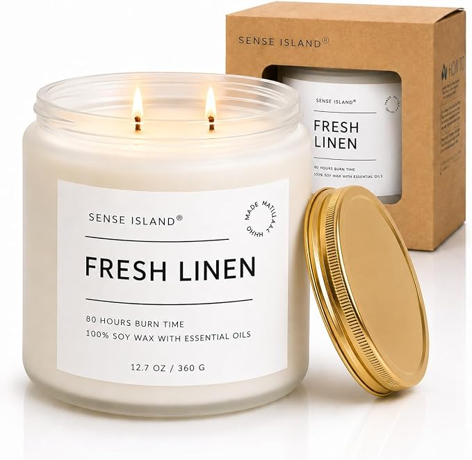Clean Linen Scented Candle 12.7 oz – Large Fresh Linen Candle for Home, 80+ Hour Long Lasting, 100% Natural Soy Wax, 2 Wicks Clean Cotton & Soft Floral Scent, Elegant Candle Gift for Women & Men