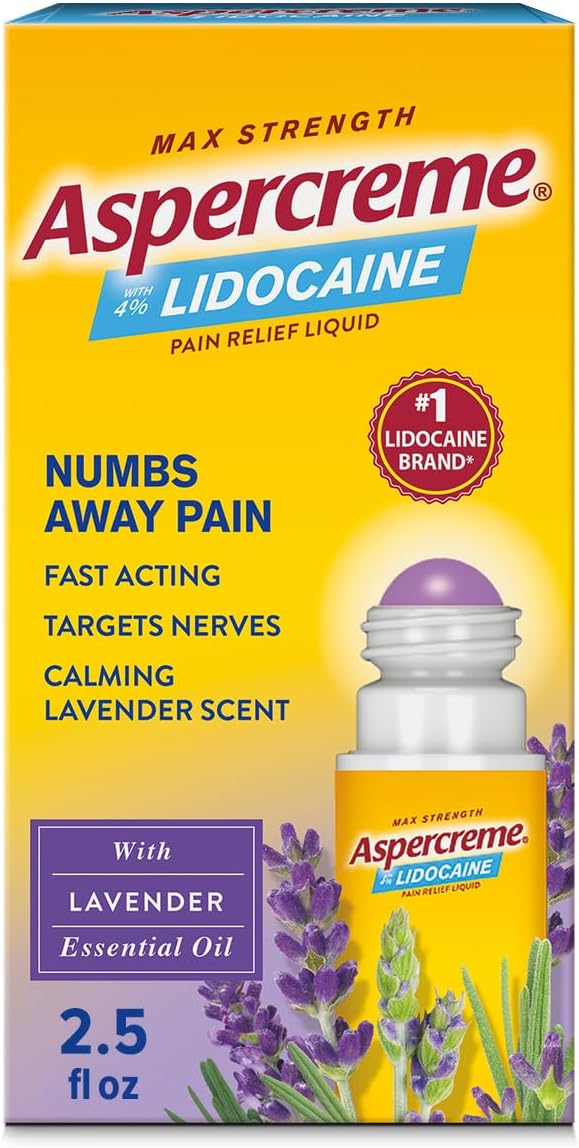 Aspercreme Essential Oils Lidocaine Pain Relief with No-Mess Roll-On Applicator, Max-Strength Lidocaine Numbs Away Nerve Pain, Moisturizing Aloe Hydrates Skin, Lavender, 2.5 Oz.