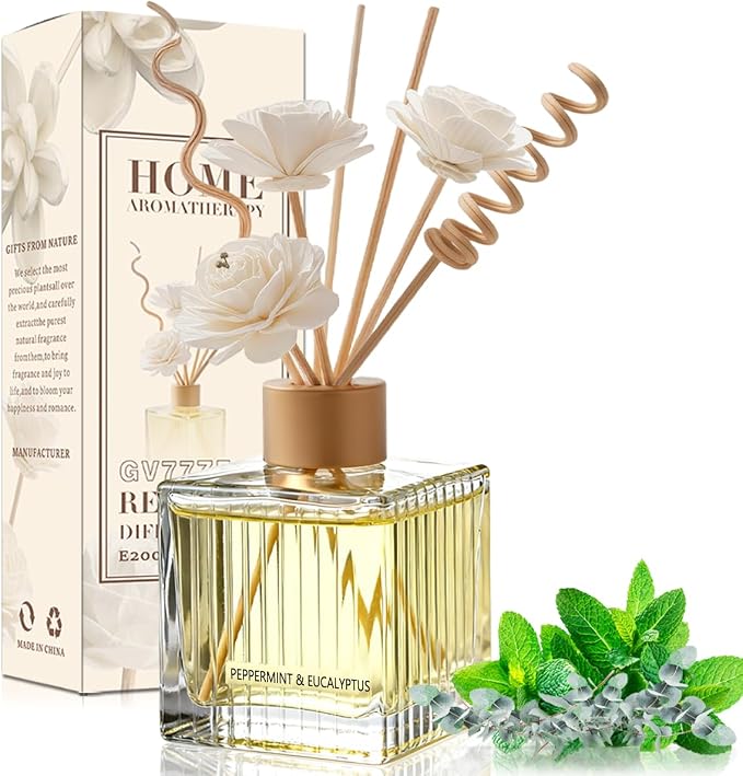Peppermint & Eucalyptus Reed Diffuser - 6.7 oz Glass Bottle with 4 Rattan Sticks, 3 Dried Flowers | Adjustable, Long-Lasting Scent for Home, Bedroom, Living Room, Office, Bathroom | Aromatherapy Gift