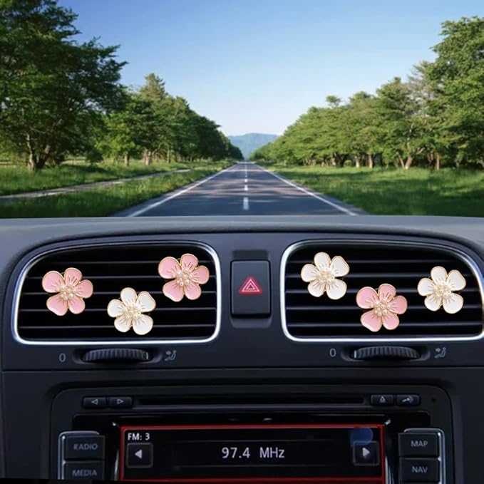 Air Fresheners Vent Clips 6 Pcs Cute Flower Car Accessories for Women Girls - Pink & White Car Interior Aesthetic Vents Decorations