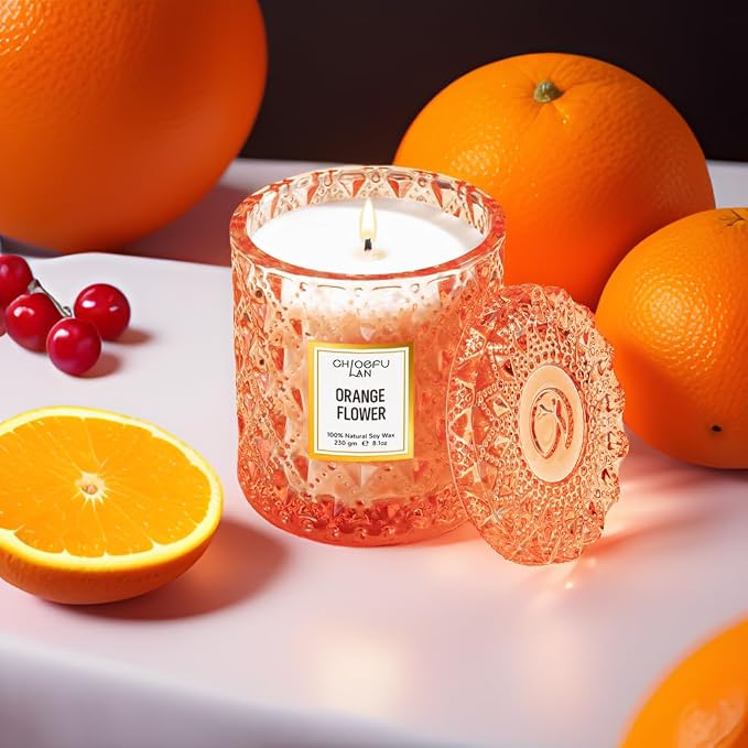 Orange Blossom Candle, Natural Soy Scented Candles for Stress Relief, Holiday Candle Gifts, 55 Hours Smokeless Long Lasting Burning, Great Gift for Women & Men