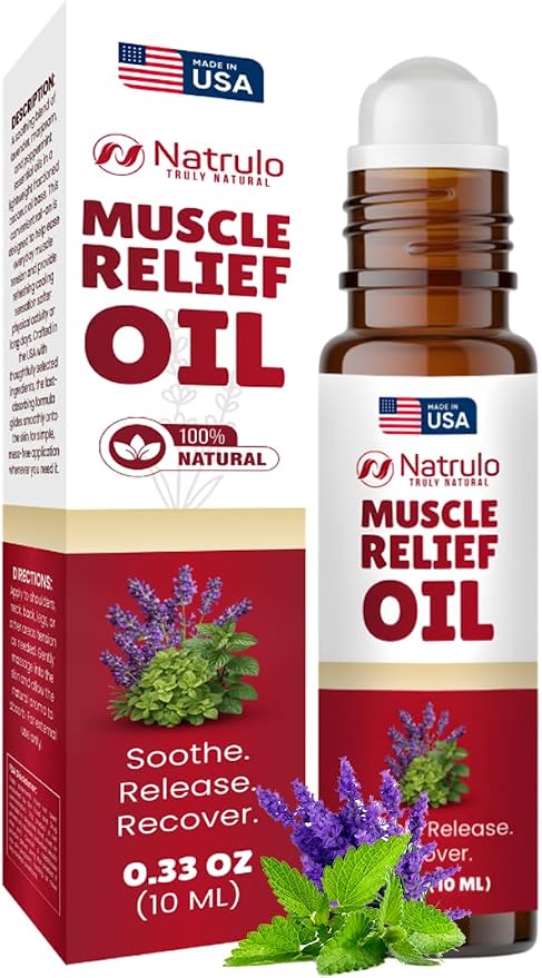Muscle Relief Oil Roll-On – Cooling Essential Oil Roll On for Tired Joints, Muscles, Neck, Back, Shoulders & Feet – Peppermint, Lavender & Marjoram Massage Oil – Post Workout Muscle Rub – Made in USA