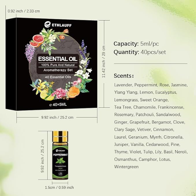 Essential Oils Set 40 Pcs, Perfect for Diffuser, Humidifier, Massage, Soap, Candle Bath Bombs Making, 40 * 5ML(0.17oz) - Gift for Aromatherapy Lover