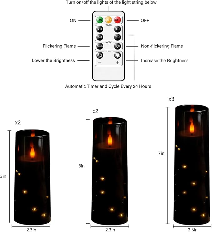 Eebuss Flameless Candles with Embedded Star String, Battery Operated LED Pillar Candles with Timer and Remote Control,Home Decorating for Ambiance， Set of 7(Black)