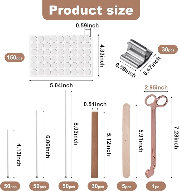 180 Pcs Candle Wicks for Candle Making Kit: 150 Cotton Wicks & 30 Wood Wicks with Candle Making Tools（Wick Holders、Stickers、Wick Trimmer） Thick 4"+6"+8" for Candle Making,Candle DIY