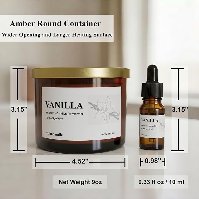 VOHO Vanilla Wickless Candles for Candle Warmer Lamp, 9oz Soy Scented Candles & 10ml Essential Oil for Customizable Strength, Wickless Vanilla Candle for Warmer Lamp Thanksgiving Christmas Women Gifts