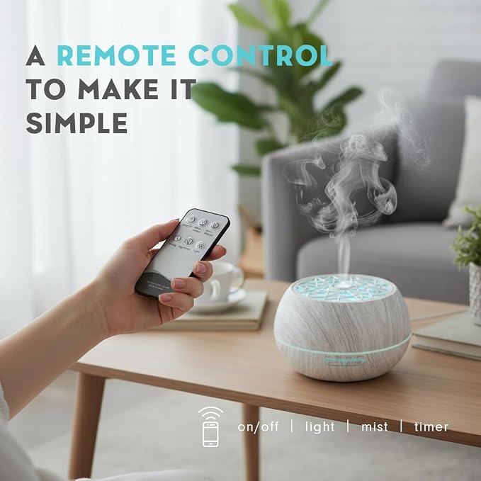550ml Large Capacity Essential Oil Diffuser 6 Essentil Oil Set Aromatherapy Ultrasonic Air Humidifier with Timer and 7 Color LED Night Light Remote Control Waterless Auto-Off White Wood Grain