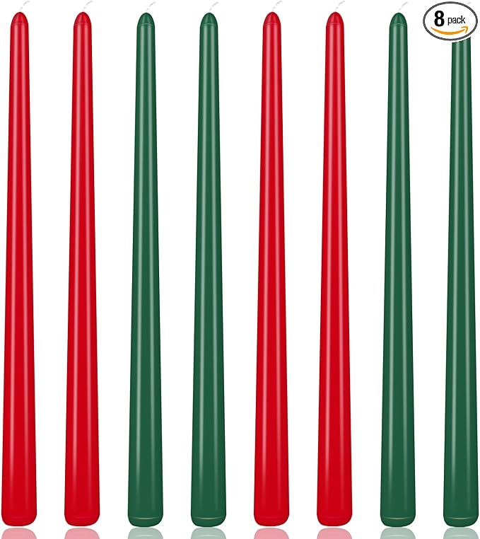 4 Green and 4 Red Taper Candles for Christmas, 12 Inch Unscented Long Candlesticks for Home, Dripelss Thin Candles for Holiday Party Decoration