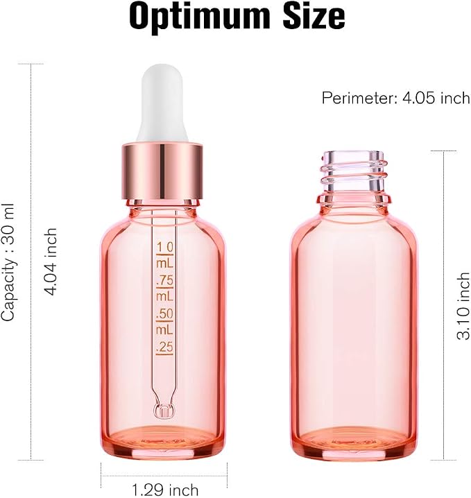 PrettyCare 4 Pack 1oz Dropper Bottles for Essential Oils with Labels, Funnel & Measured Pipettes, 30 ml Leak Proof Rose Glass Essential Oils Bottles- Empty Tincture Bottles for Personal Care & Beauty