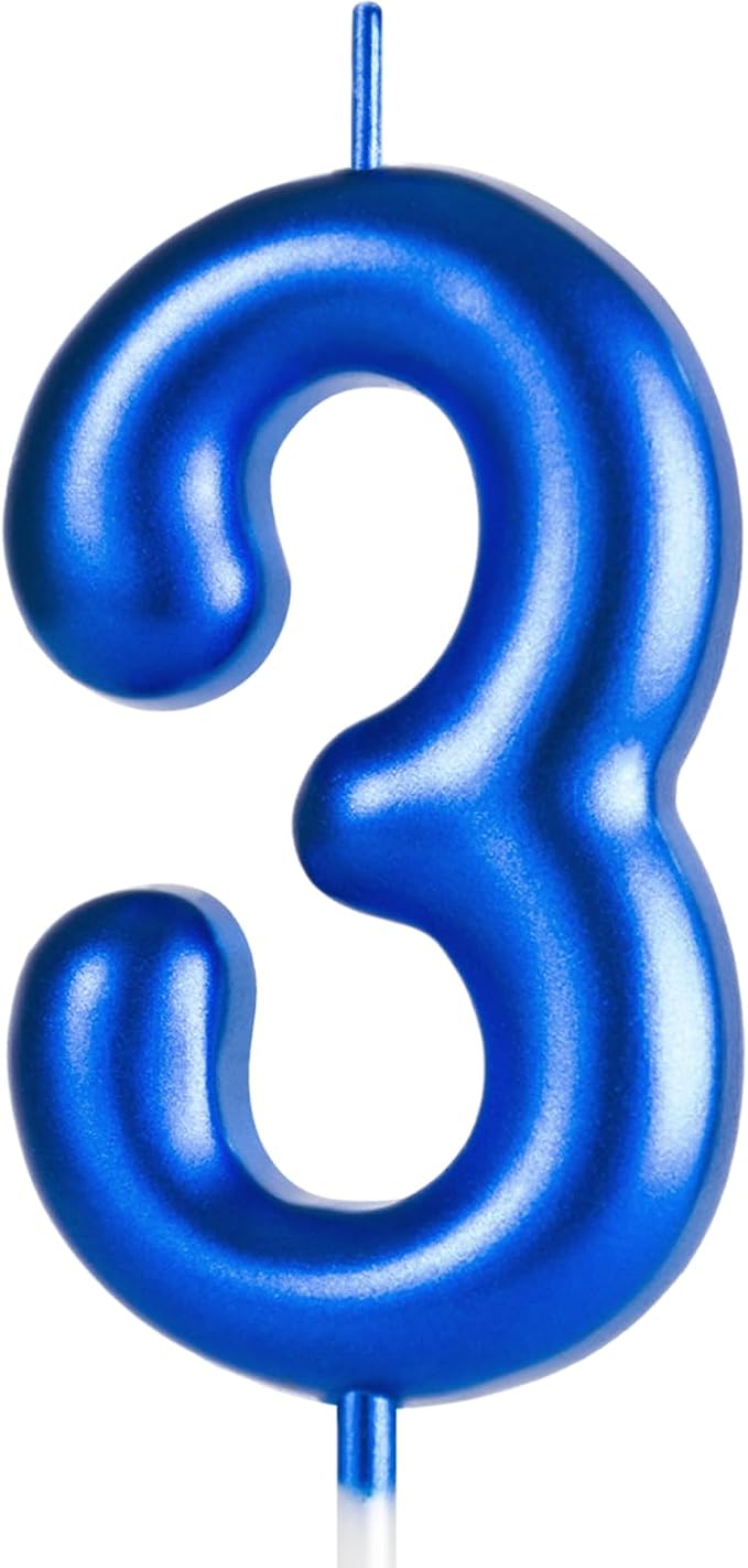 2.76“ Large 3 Birthday Candle, Three Candle for 3rd Birthday Boy, Number 3 Candle for Boys Blue Theme Birthday Party Decorations, Blue Birthday Candles for Wednesday Birthday Decorations
