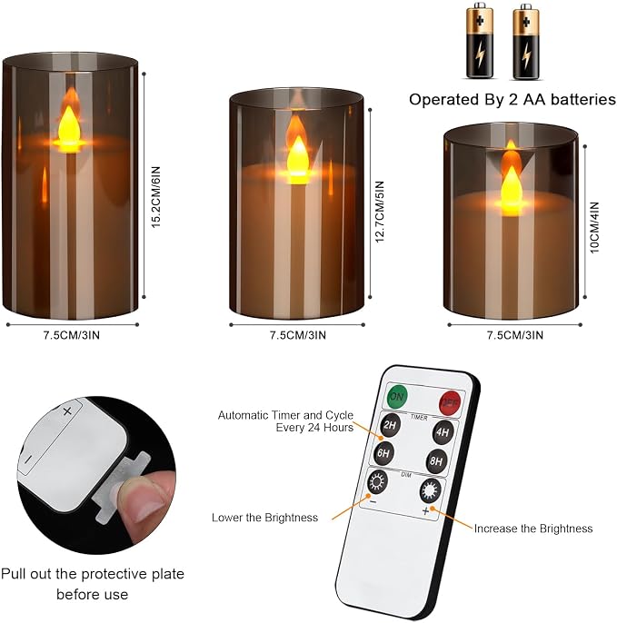 wemarry Flameless Candles 4" 5" 6" Acrylic Glass Pillars 3" Diameter Battery Operated Flickering Candles Include 8-Key Remote with Timer Function 400+ Hours (Gray, Warm Light 12 Pack)