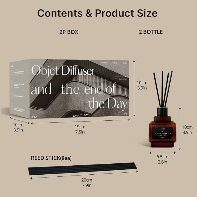 hetras Objet Diffuser Set (Flower Gardener Scent)–Decorative Aesthetic Home Fragrance | 2-Pack (6.7 fl.oz Each) with 8 Reed Sticks | Fresh Green Floral & Dewy Garden Aroma | Minimalist Decor & Gift