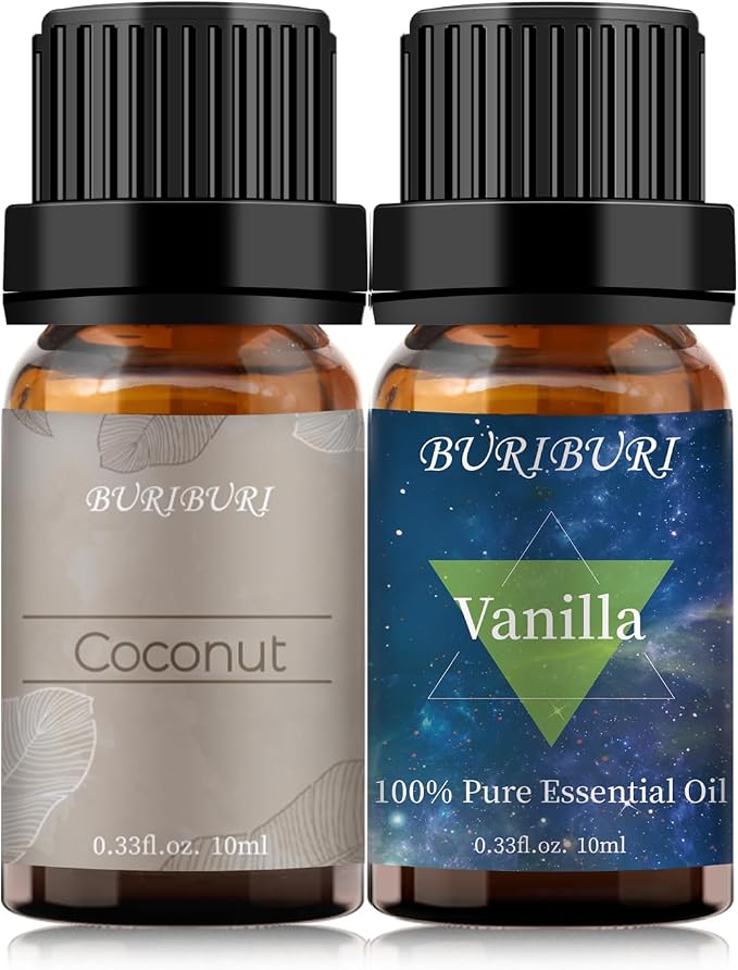 BURIBURI Vanilla Essential Oil and Coconut Oil Essential Oil, 2Pack Essential Oil Set, 100% Pure, Natural Essential Oils 10ml for Diffusers, Masage, Candle Making Soap Making