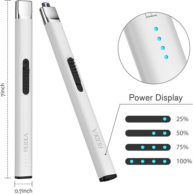 REIDEA Lighter Electronic, R1 Pro Windproof Flameless USB Rechargeable Arc Lighter with Safe Button and Power Indicator for Candle, BBQ, White