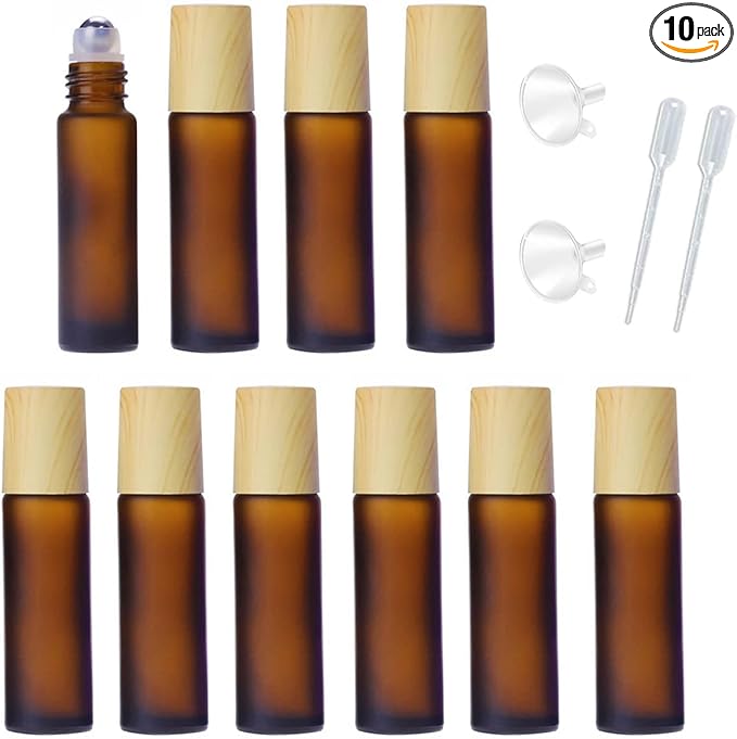 10 Pcs Frosted Glass Essential Oils Roll on Bottles,10ml Refillable Massage Roller Bottles Perfume Bottles with Stainless Steel Ball Wood Grain Cap Empty Travel Roller Essential Oils Vials(Brown)
