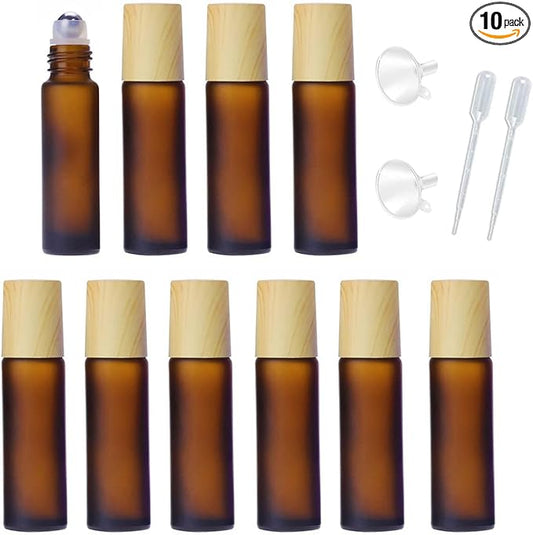 10 Pcs Frosted Glass Essential Oils Roll on Bottles,10ml Refillable Massage Roller Bottles Perfume Bottles with Stainless Steel Ball Wood Grain Cap Empty Travel Roller Essential Oils Vials(Brown)