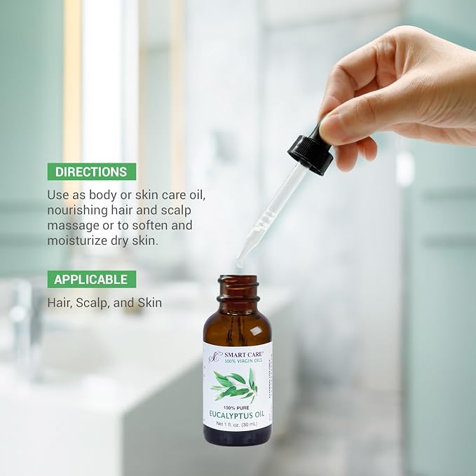 100% Pure Eucalyptus Essential Oil 1 oz (30ml) Undiluted Eucalyptus Globulus Oil for Hair Care Scalp Massage Dry Skin Moisturizer & Aromatherapy UV Protected Glass Bottle with Dropper