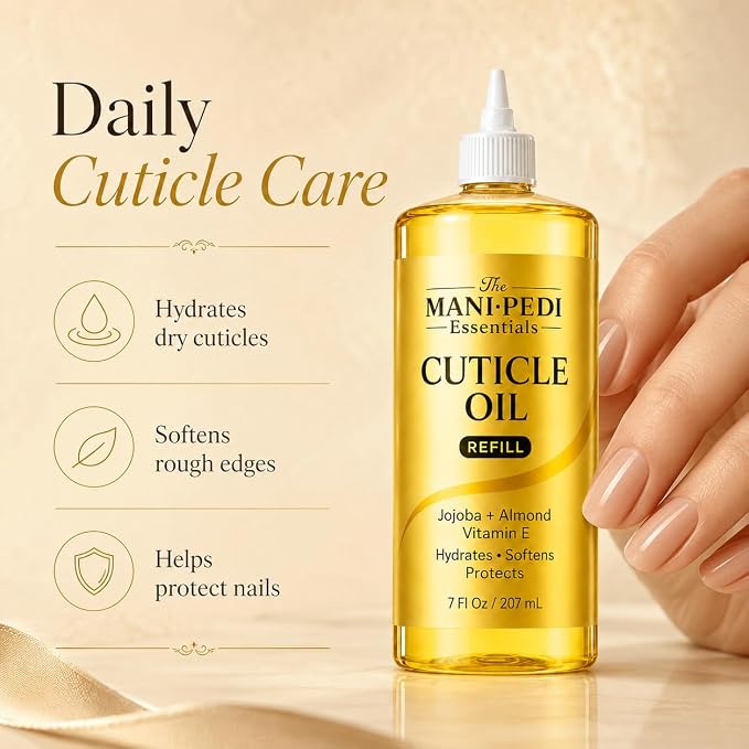Professional Cuticle Oil Refill/Bulk Pack with precision nozzle for easy refilling - 7 Fl Oz. Enriched with Jojoba Oil, Vitamin E & Sweet Almond Oil. Nail Tech Supplies for Nourished Nails & Cuticles