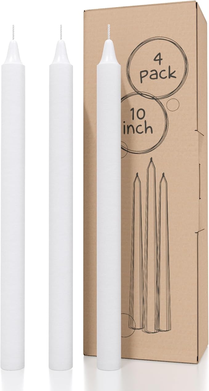 CANDWAX White Taper Candles Pack of 4 - Slow Burning Dripless Unscented Straight Candles 10 inch - Ideal for Dinner Table - Smokeless Long Candlesticks
