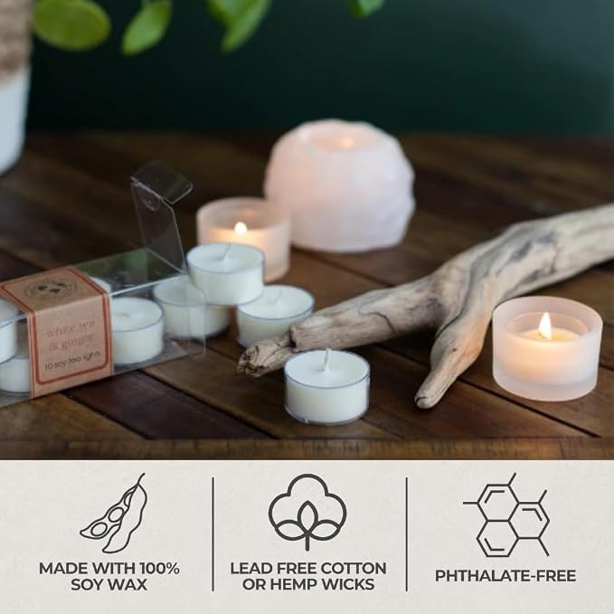Eco Candle Co. Tea Light Candles, Vanilla Grapefruit, 10-Pack - Scents of Vanilla & Pink Grapefruit - Recyclable, 100% Soy Wax, No Lead, Hand Poured, Made from Midwest Grown Soybeans, .6 oz. Each