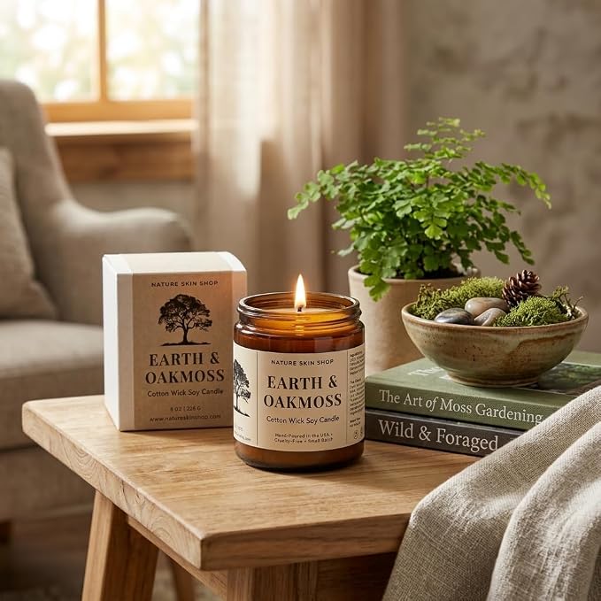 Nature Skin Shop Earth and Oakmoss Artisan Soy Candle Woodsy Aromatherapy Home Fragrance Vegan Cotton Wick 8 oz