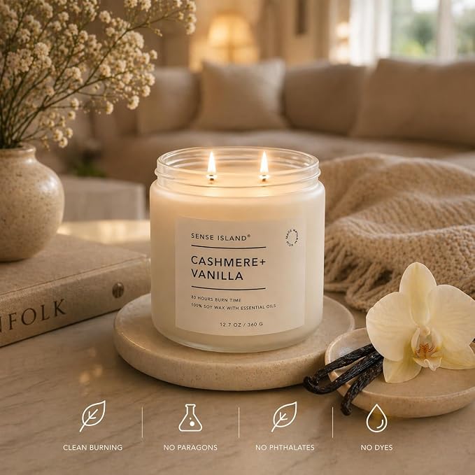 Cashmere Vanilla Large 12.7 OZ Scented Candle for Home Scented 80 Hrs Highly Scented Creamy Velvet Vanilla Cashmere | 100% Natural Soy Candle Gifts for Women Vanilla Candles for Cozy Home