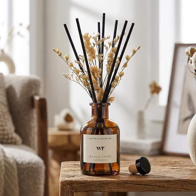 WEALD TRIBE Reed Diffuser Set for Bathroom Shelf Decor, Sticks Diffuser with Essential Oils Included | Early Summer Gardenia Scent 4.0 fl oz Fragrance Oil | Defusers for Home Apartment Essentials