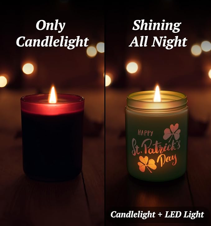 St. Patrick's Day Candle with LED, 100% Soy Wax Jar Candle, Lucky Shamrock Gifts for Friend, Aromatherapy Candles for Women Home, Jasmine Scent Candles,Over 40 Hours of Burn Time