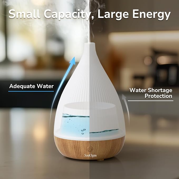SOULORIGIN Ultrasonic Essential Oil Diffuser, Home Fragrance Aroma Diffuser with Auto Shut-Off, 8-Color Night Light & Ultra-Quiet Operation, BPA-Free Portable Aromatherapy Humidifier for Home (Light)