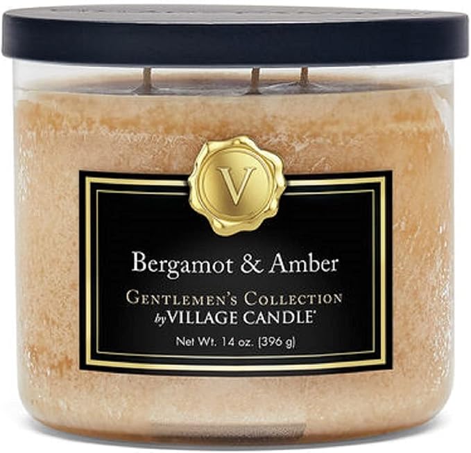 Village Candle Bergamot & Amber Glass 3-Wick Bowl, Scented Candle, 14 oz., Brown