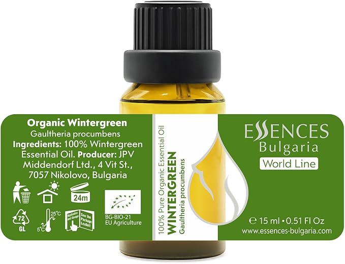Essences Bulgaria Organic Wintergreen Essential Oil 0.51 Fl Oz | 15ml | Gaultheria procumbens | 100% Pure | Natural | Undiluted | Therapeutic Grade | Aromatherapy | Cosmetics | Cruelty Free | Vegan