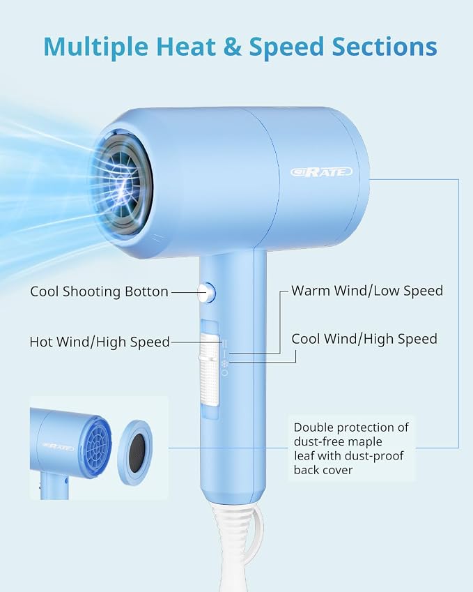 SHRATE Ionic Hair Dryer with Diffuser | Professional Blow Dryer for Curly, Frizzy & All Hair Types | Low Noise & Gentle for Sensitive Hair | Compact & Portable Design for Home, Travel, Women & Men