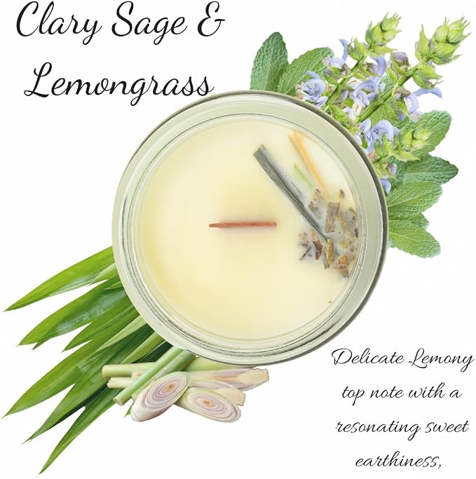 Clary Sage & Lemongrass Essential Oil Candle 3 oz, Hand Crafted Pure Soy Wax Candle, Wooden Wick, Dried Flowers, 23 Hour Burn Time, Natural Aromatherapy Glass Jar Candle with Lid by Lathered Artisan