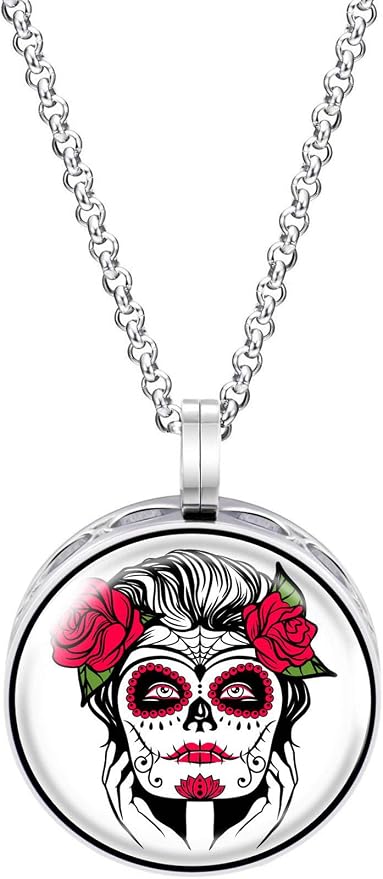 Wild Essentials Sugar Skull Tattoo Necklace Essential Oil Diffuser Kit, Lavender, Lemongrass, Peppermint, Orange Oils, 8 Refill Pads, Calming Aromatherapy Gift Set, Customizable, Perfume