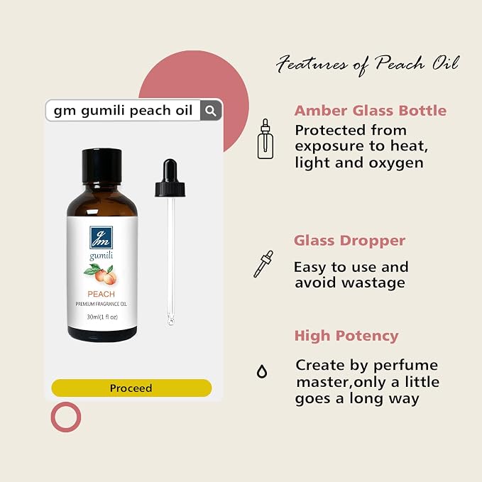 GM Gumili Peach Fragrance Oil, Perfume Oil, Home Scent Oils for Soaps, Candle Making, Dryer Balls, Diffusers, Laundry, Slime -1 oz /30ml